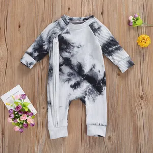 Newborn Baby Boy Girl Long Sleeve Romper Tie dye Ribbed Knit Button Jumpsuits with Zipper Infant Autumn Spring Playsuits