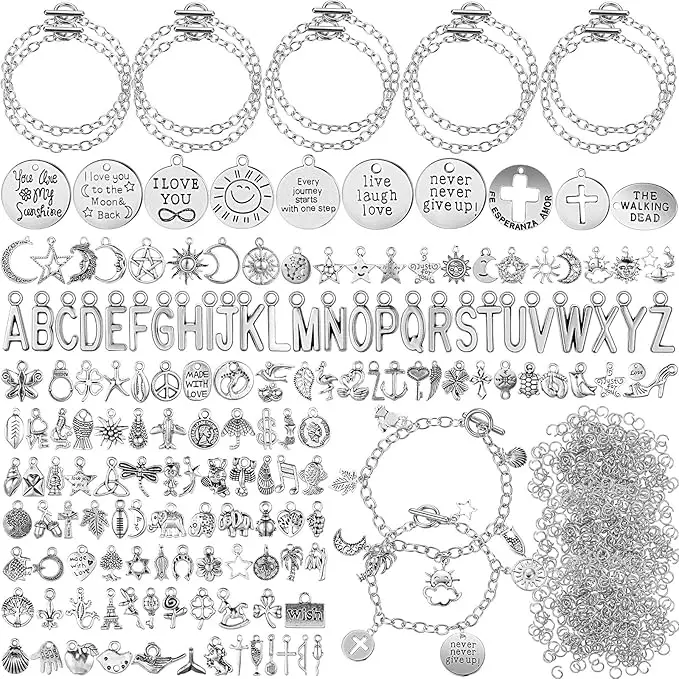 Halloween Fall Gift 469 Pcs Silver Charm Bracelet Making Kit DIY Bangles Bracelet Set Paperclip Chain Bracelets Alphabet Charms Jewelry Making Supplies with OT Toggle Clasp for Crafting Modern Warriors