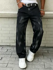 Men’s casual street-style light blue mid-weight loose-fit jeans, random pattern. Custom Black Wide-Leg Denim Pants, Menswear, Streetwear