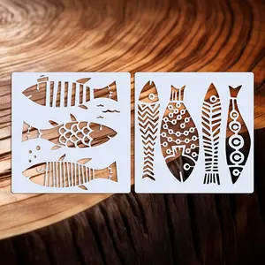 2-Piece Tribal Fish Pattern Templates, Reusable 7.9x7.9 Inch Pet Craft Stencils for Canvas, Plastic, Ceramic, Wall, Fabric Decorations