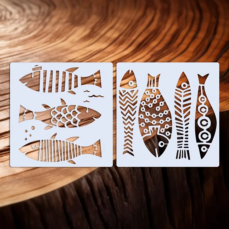 2-Piece Tribal Fish Pattern Templates, Reusable 7.9x7.9 Inch Pet Craft Stencils for Canvas, Plastic, Ceramic, Wall, Fabric Decorations