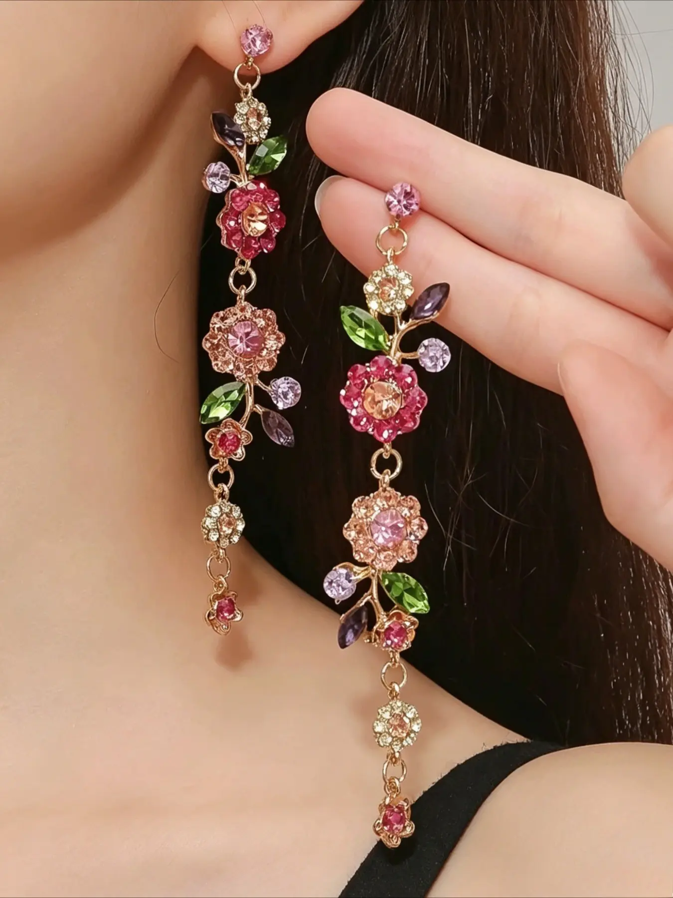 Elegant Floral Leaf Long Fringe Rose Drop Dangling Party Festival Dangle Earrings for Women, Fashionable Party Evening Wear Jewelry, Stylish Holiday Accessories