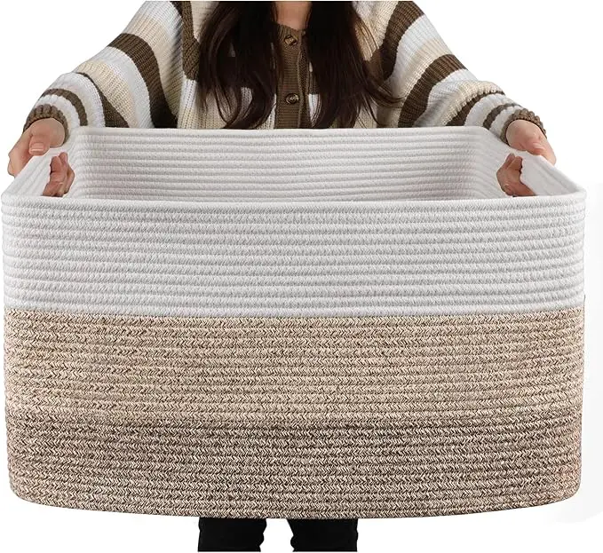 Large Cotton Rope Storage Basket, Rectangular Woven Basket with Handles, Nursery Blanket Holder for Living Room, Decorative Toy Organizer-21”x16”x12”Mother's Day gift