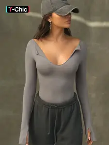 Basic U-Neck Long Sleeves Top, Casual Fashion Essential, Comfortable and Stylish, Perfect for Everyday Wear, Women's Clothing, Womenswear