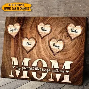 2D Flat Personalized Wooden Heart Canvas Print Plaque | Custom Family Names & "My Greatest Blessings Call Me MOM" Quote - Handmade Oil Painting on Wrapped Canvas with Wood Frame | Mother'S Day Gift, Rustic Home Decor for Living Room, Bedroom poster