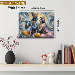 1pc Framed Canvas Wall Art - Krishna & Radha Flute Scene, Elegant Indian Classical Painting Decor with Blue, Pink, Golden Floral Background - Recycled Wood Frame for Living Room, Office, Wedding, Diwali - Ready-to-Hang Cultural Home Decoration Gift,
