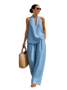 Boho Linen Two Piece Set - Perfect for Beach, Vacation & Brunch! Halter Neck Sleeveless Top Wide Leg Pants Set #           TwoPieceSet #           LinenSet #           WideLegPants #           HalterNeck #           SummerOutfit #           BohoFashion #