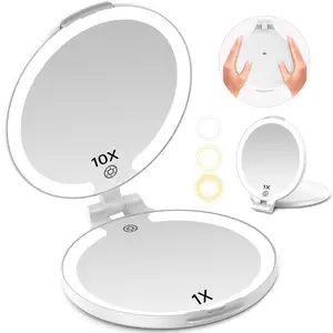 Travel Makeup Mirror with Lights,10X Magnifying,Rechargeable Double-Sided Vanity Mirror,3 Color Modes,Portable Design with Handle,For Travel & Gifts LED Compact
