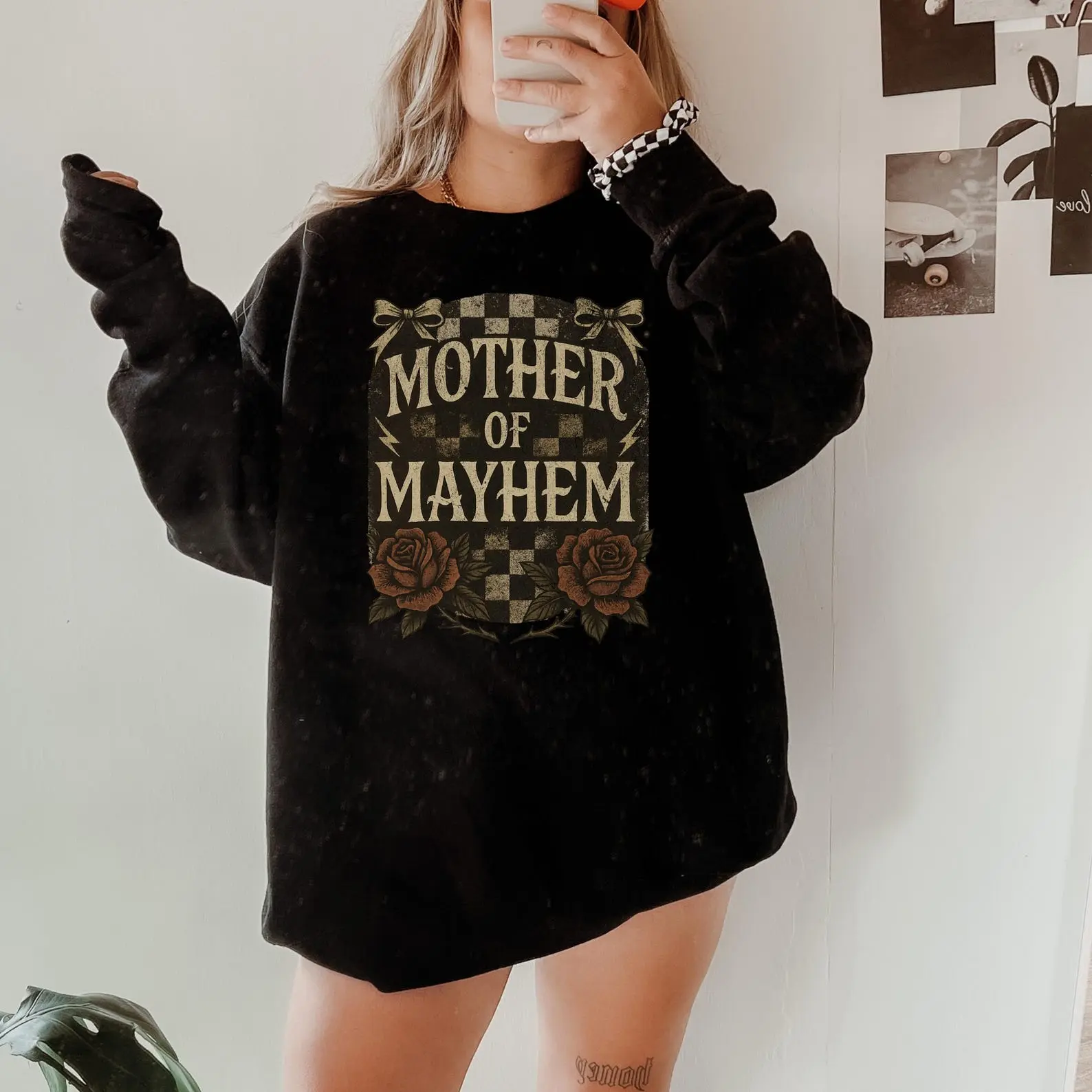 Mother Of Mayhem Checkered Graphic Sweatshirt, Edgy Mom Crewneck