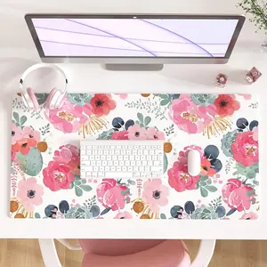 Large Mouse Pad, Pink Floral Desk Mat for Desktop, Women Girls PU Leather Waterproof Gaming Mousepad, Computer Laptop Desk Accessories Protector Writing Pads for School Office Home
