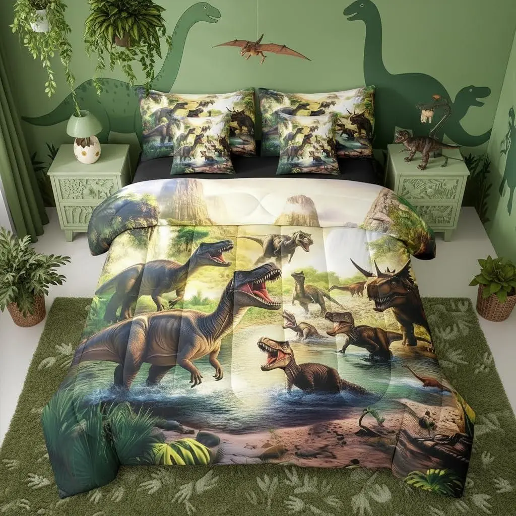 Dinosaur 7 Pieces Bedding Set,Wild Animals Comforter Bed Set,Boys Girls Kids Jungle Hunting Bed Bag with Flat and Fitted Sheet Trees Botanical Bed Set, Bedding Sheets