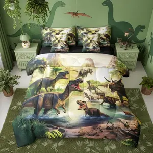 Dinosaur 7 Pieces Bedding Set,Wild Animals Comforter Bed Set,Boys Girls Kids Jungle Hunting Bed Bag with Flat and Fitted Sheet Trees Botanical Bed Set, Bedding Sheets
