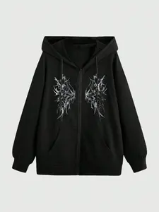 Women's Drawstring Zipper Cardigan with Pockets, Graphic Wing Print, Long Sleeve, Loose-Fitting, Fall & Winter Casual Hoodie Sweatshirt