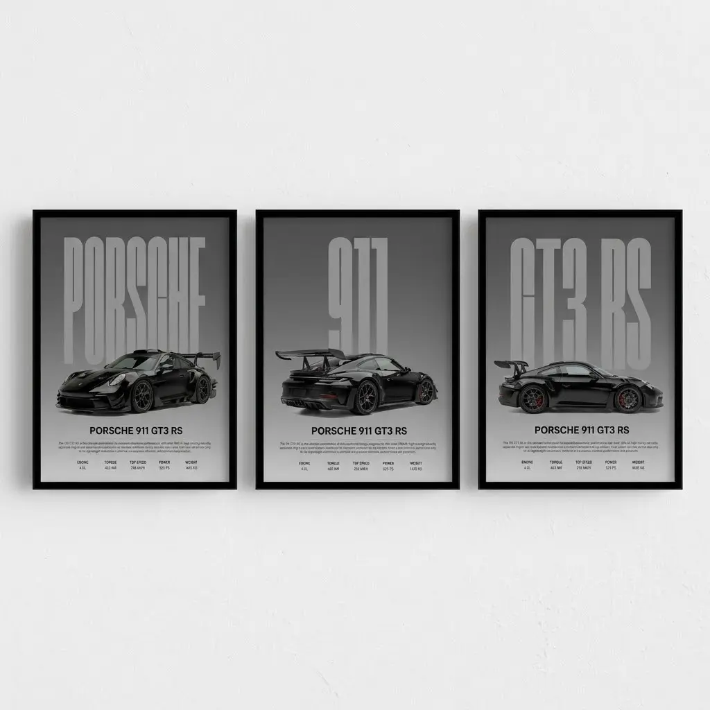 Set of 3 Porsche GT3 RS Posters – Supercar Racing Car Deco Poster Prints, No Frame