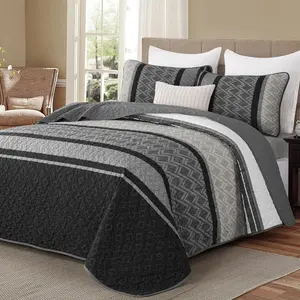 King Size Set Boho, Soft 3 Pieces Striped Fall Bedspreads Dark Grey Bedding Sets Boho Lightweight Quilted Coverlets Set Black for Men Bed 110"x90"