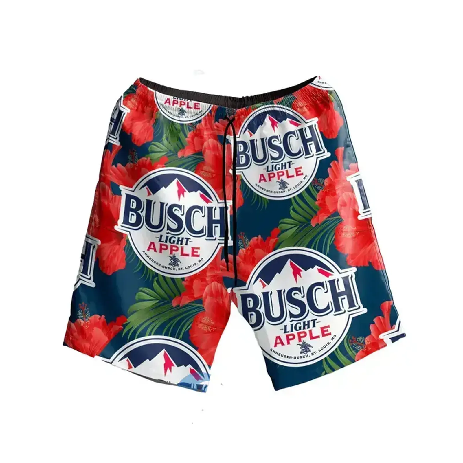 Mens Red Hibiscus Swim Trunks | Vintage Mountain Apple Beer Graphic Beach Shorts | Tropical Floral Summer Board Shorts With Pockets