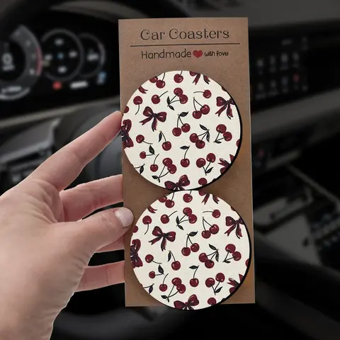 Cherry Girl Era Car Coasters, 2/4 Pcs Coquette Bow Design, Fashionable Drink Holder, Perfect Gift, Stylish Automotive Accessory, Automotive Decorative Accessory, Christmas Stocking Filler