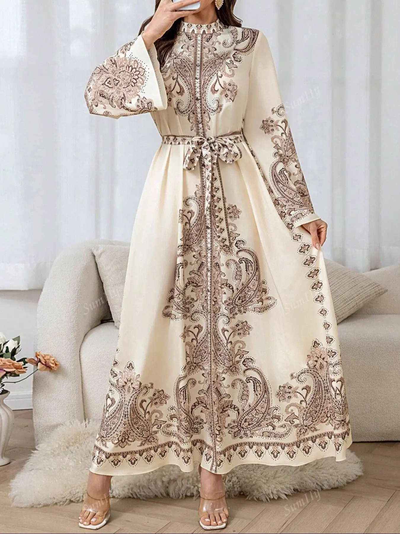 Women's Bohemian Floral Print Maxi Dress Stand Collar Lantern Sleeve with Belted Waist, Arabian LongDress, Muslim Dress, Islamic Muslim Clothing, Islamic clothes, Classy Modest Dresses, Vacation, Daily Wear, for All Seasons