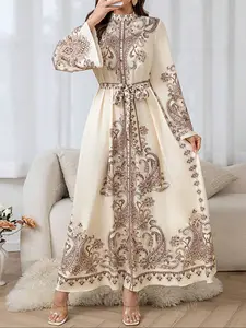 Women's Bohemian Floral Print Maxi Dress Stand Collar Lantern Sleeve with Belted Waist, Arabian LongDress, Muslim Dress, Islamic clothes, Classy Modest Dresses, Vacation, Daily Wear, for All Seasons