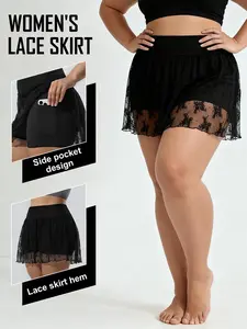 Plus Size Layered High Waist Lace Pattern Skirt, Bottom, Pocket Shorts Design, Mesh Details, Sparkling Back-To-School Style Womenswear
