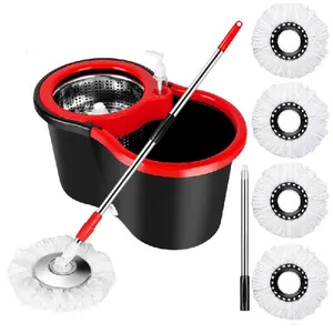 360° Rotatable Spin Mop and Bucket Set, Lightweight Home Care Metal Tool with Adjustable Stainless Steel Wringer, Long Handled Extended Handle, 4 Microfiber Pads Refills for Indoor Kitchen Floor Cleaning, Easy Wring Hands-Free Mop, Easy Wring Mops