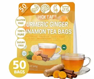 HoLeaf Turmeric Ginger Cinnamon Herbal Tea Bags, 100% Natural Caffeine Free Vegan Individually Wrapped Eco‑Conscious Wellness Tea, 50 Count