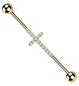 Gold PVD Center CZ Cross Titanium Industrial Barbell