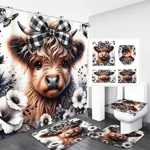 Cute Animal Cow Pattern Bathroom Set, Includes Shower Curtain, Mat, Toilet Lid Cover, Soft and Durable, Perfect Gift for Friends, Bathroom Decoration Accessories, Bathroom Accessory