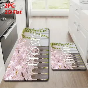 2/3 Piece Flannel Kitchen Mat Set, Faux Wood Fence & Sakura Print, Non-Slip Bottom, Absorbent, Ideal for Kitchen Bathroom Laundry Hallway, Floral Area Rug, Kitchen Runner Rug