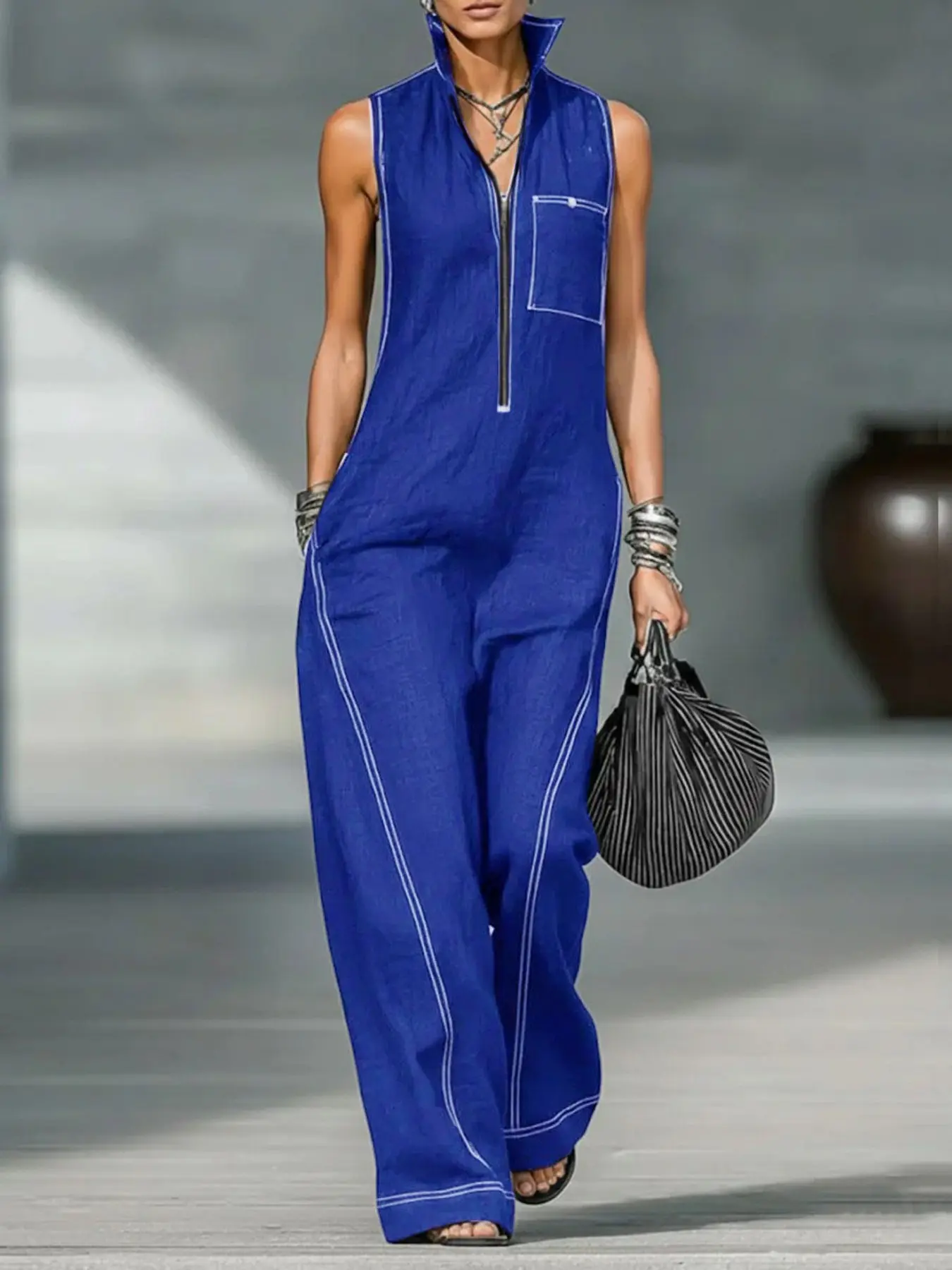 Women's Casual Style Stand Collar Sleeveless Zipper Oversized Jumpsuit, Comfortable Solid Color Loose-Fit Minimalist Jumpsuit for Summer, Suitable for Commute and Party
