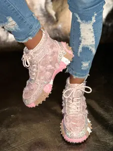 Women's Thick Sole High Top Casual Shoes, Comfortable and Versatile, Fashionable Textile Upper, Rubber Sole, Spring & Fall Wear