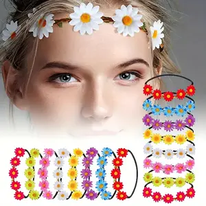 16 Pieces Flower Crowns for Women, Multicolor Daisy Flower Headband Hippie Headbands for Women Girls with Adjustable Elastic Ribbon Floral Garland Headbands for Festival Wedding Party