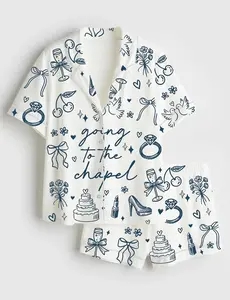 Women’s Going To The Chapel Coquette Bachelorette Wedding Bride Short Sleeve Satin Pajama Set, Unique PJs with Design, Matching Family Sleepwear Set, Satin Pajama Set For Men Women Kids