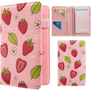 Pink Server Book, Server Books for Waitress, Waitress Book with 2 Zipper Pocket, Cute Server Book, Server Note Pads Waitress Book with  Pocket Fit Server Apron (Strawberries)