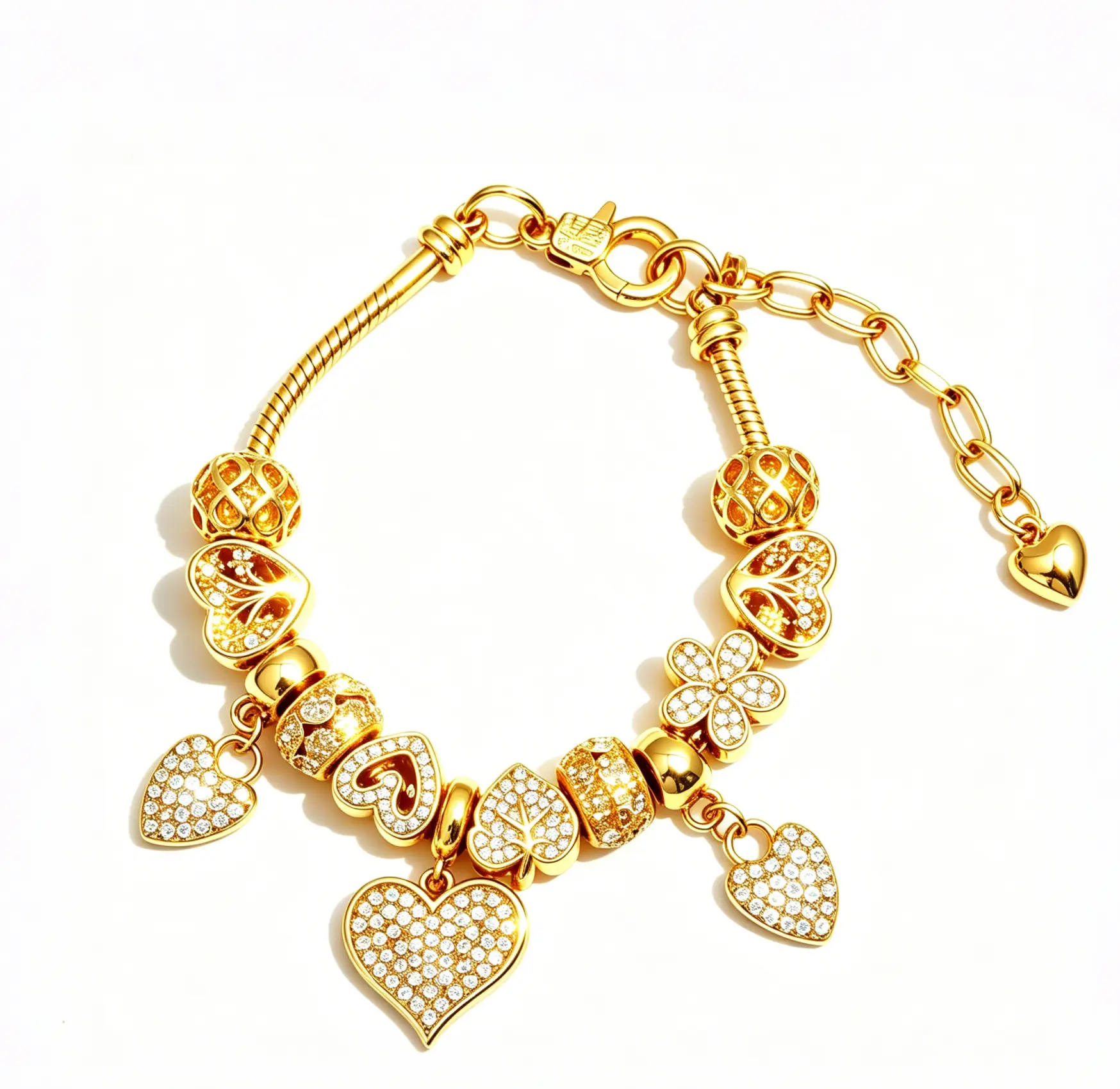 Women's 14K Gold-Plated Adjustable Length Snake Chain Bracelet - Gold Heart Crystal, Multi-Heart Charms, Clover Leaf Pave Diamond Jewelry for Women, Female Wear, Gift Idea Fashion Accessory