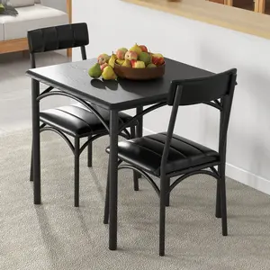 3 Piece Industrial Dining Table and Chairs Set for 2, Compact Kitchen Table with 2 PU Upholstered Chairs, Space-Saving Dining Room Furniture Set for Small Spaces Breakfast Nook