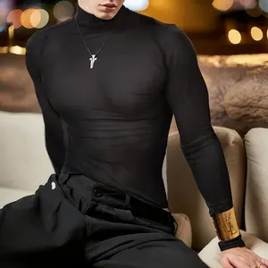 INCERUN Mens All-Season Solid Color Turtleneck Long Sleeve T-Shirt Sexy Slim Fit Sheer Mesh Base Layer Tops for Nightclub Party Layering