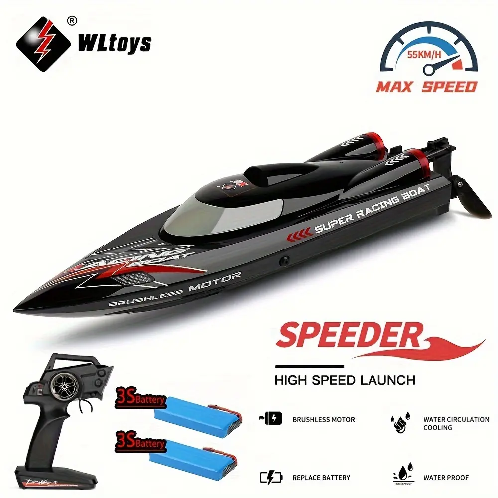 WLtoys WL916 Remote Control Boat, 2.4Ghz Brushless Motor High-Speed Racing Speedboat, 55km/h RC Toy for Boys Ages 10+ Yrs, With 2 Batteries, With Batteries