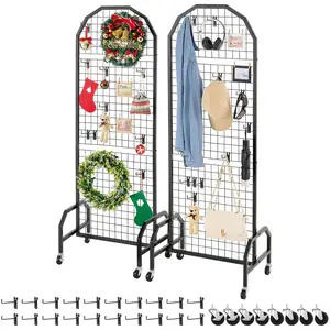 VEVOR 2 Packs Grid Wall Panels, Summervibes,Summervibes, 1.9 x 5.4 ft Wire Grid Panels Display Rack, Movable Art Display Shelf with Wheels and 20 Hooks, Black Carbon Steel Gridwall for Craft Show, Decor, Storage, Notice Board