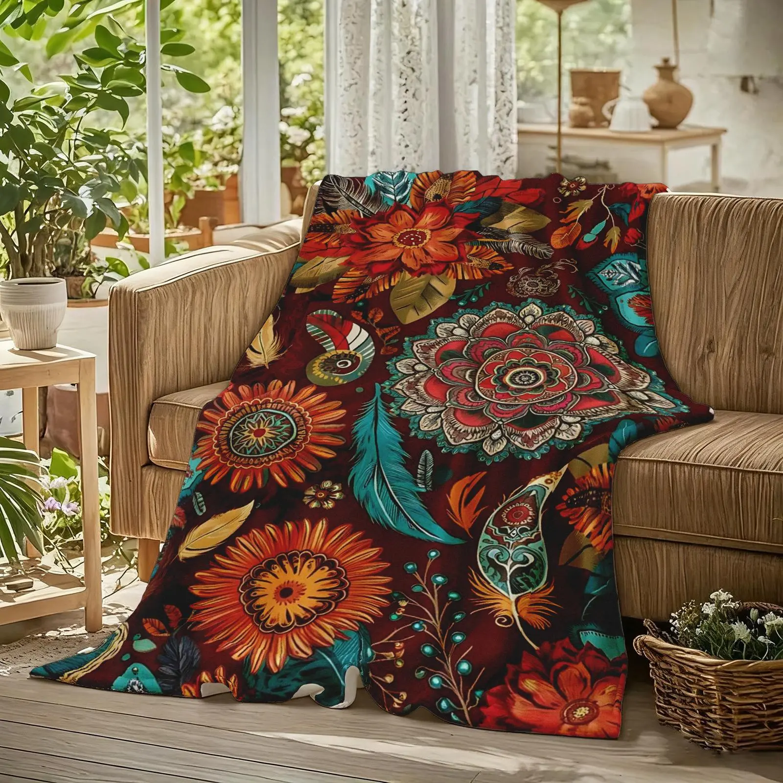 Bohemian Flannel Printed Blanket - Embroidered Folkloric, Mandala, Feather, Sunflower Tribal Patterns, Wrinkle Resistant, Earthy Decorative Blanket Throws, Couch Nap Use, Gift for Art Lovers, Bohemian Throws