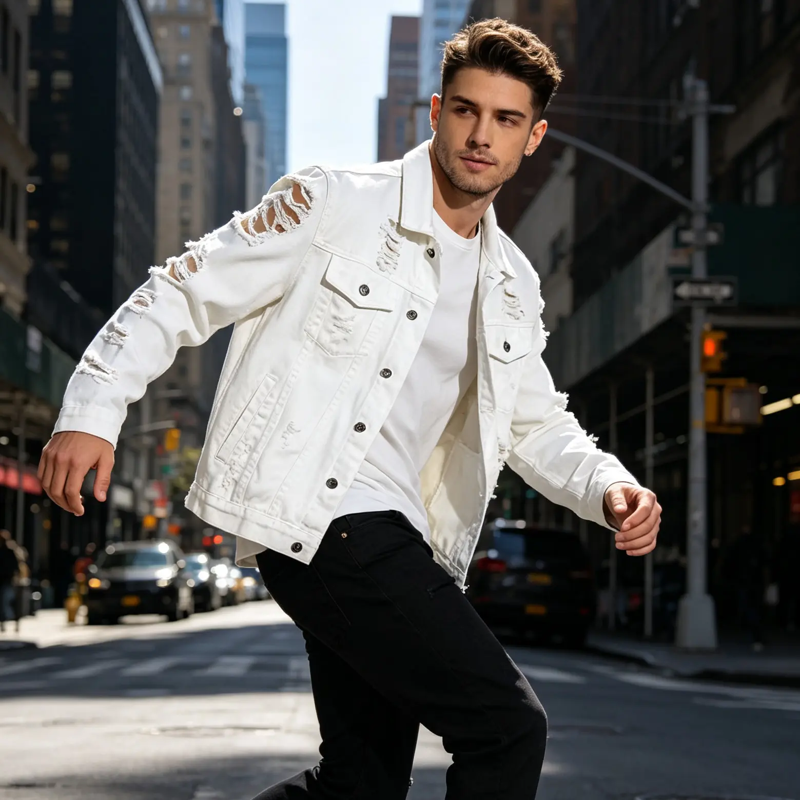 Streetwear men's denim jacket fashion brand with holes worn out men's jacket outdoor casual fashion loose white men's top Long Sleeve