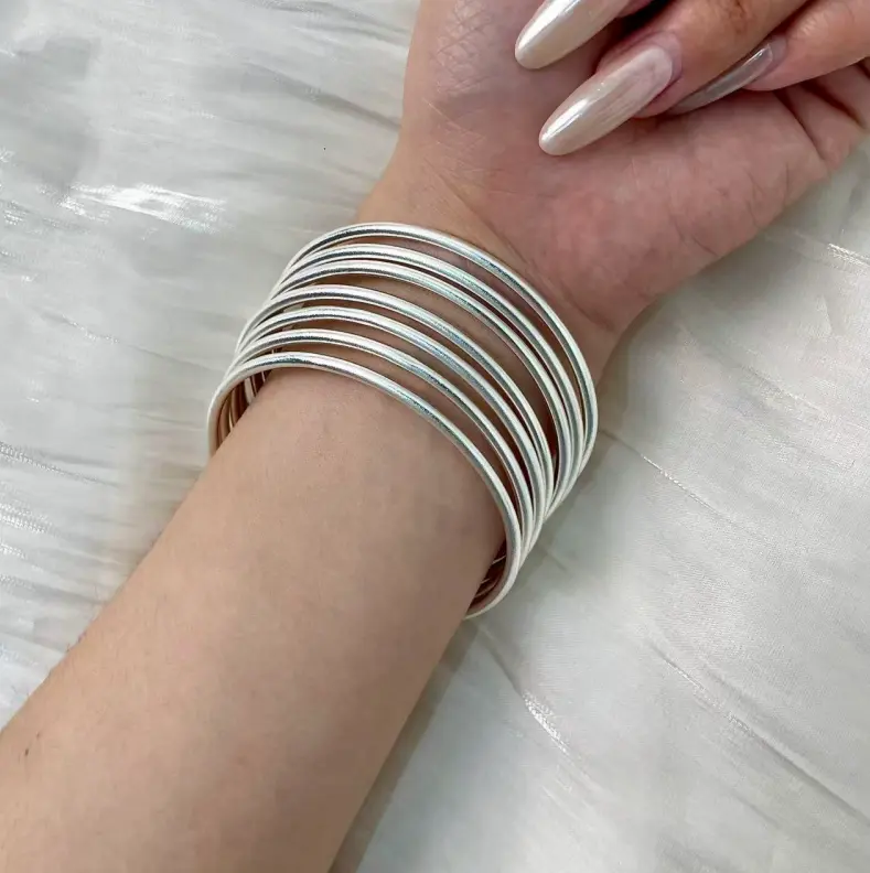 Women's Expertly Crafted 925 Silver 7-Pcs Stackable Bangle Set, Thin Round Wire Smooth Plain Cuff Slip-On Minimalist Jewelry, Ideal for Birthday, Anniversary, Best Friends Gifts, Elegant, Lead-Free, Adults, Layered Stack Bangles, Minimalist Bangles