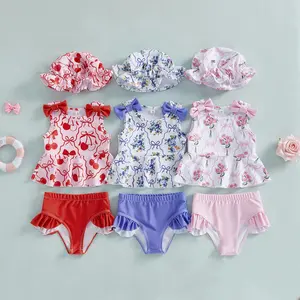 Afunbaby 3Pcs Toddler Baby Girl Swimsuit Set Sleeveless Crew Neck Floral Print Bow Decor Tops Bikini Bottoms and Hat Swimwear