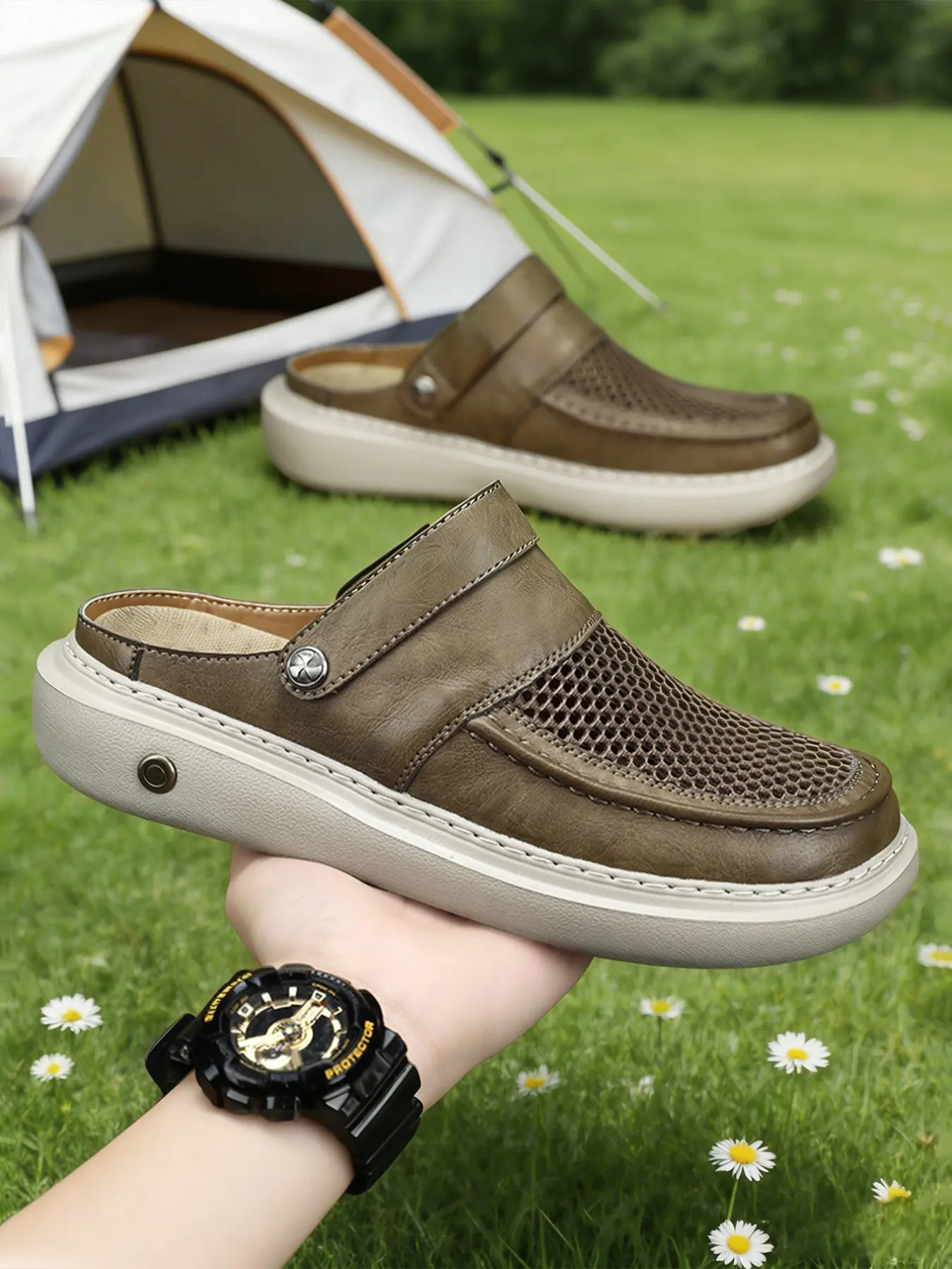 Men's Perforated Slingback Clog, Minimalist Clogs, Sporty Breathable Clogs, Breathable Mesh Slippers, Lightweight Non-Slip Backless Loafers, Cushioned Vegan Leather Casual Shoes, Summer Athletic Outdoor Sandals for Beach Travel, Slip On Mules