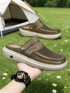 Men's Perforated Slingback Clog, Minimalist Clogs, Breathable Mesh Two-Way Wear Slippers, Lightweight Non-Slip Backless Loafers, Soft Cushioned Vegan Leather Casual Shoes, Retro Summer Athletic Outdoor Sandals for Beach Travel, Slip On Mules
