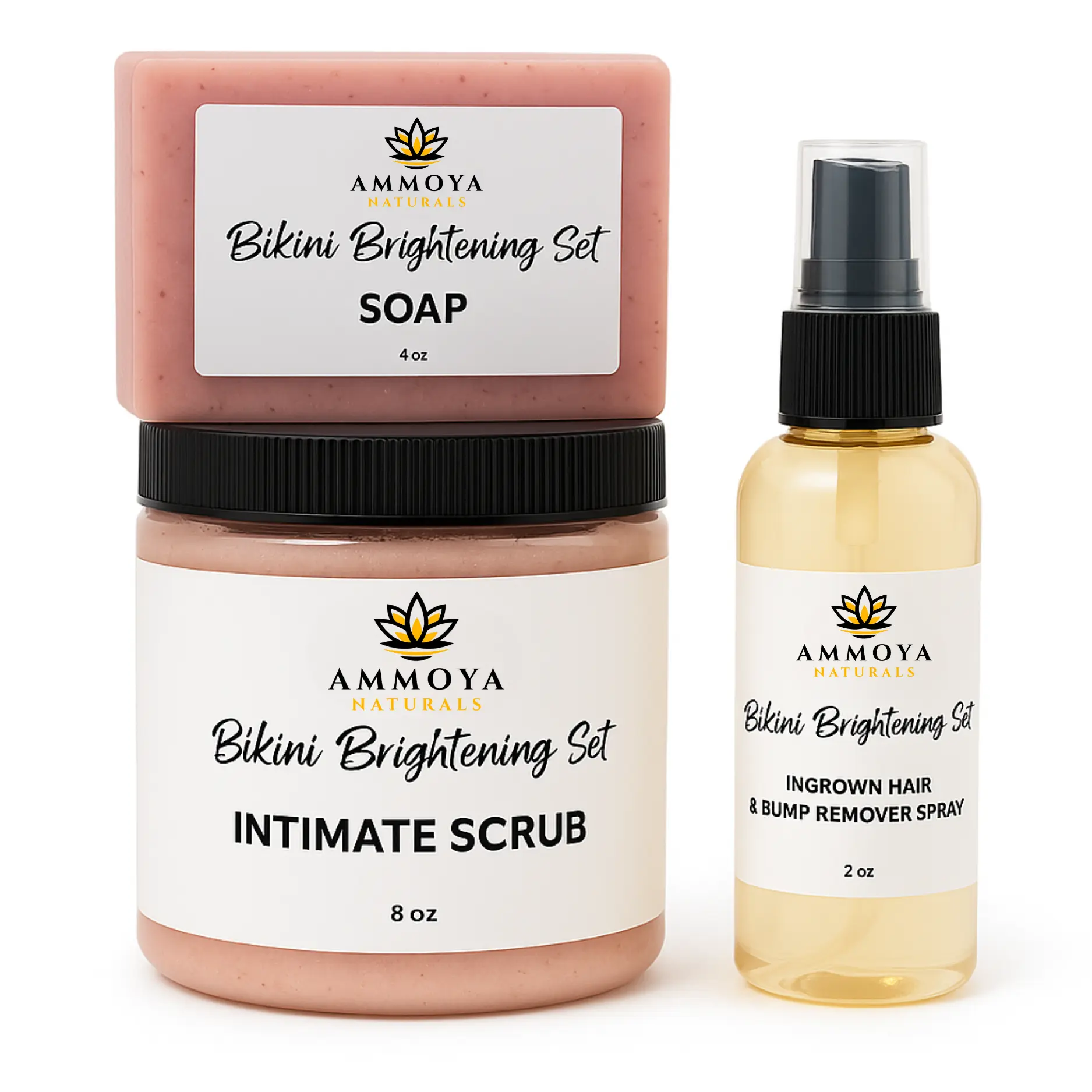 Ammoya Naturals 3-Piece Bikini Brightening Set - Exfoliating Scrub, Ingrown Hair and Bump Stopper & Dark Spot Remover for Brighter, Smooth, and Irritated Skin - Body Care, Cleansing Calming Arbutin Soap Flawless