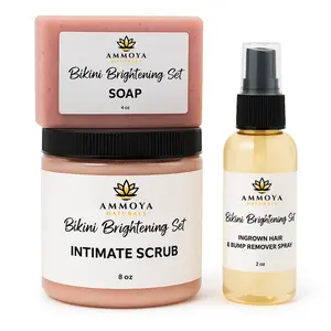 Ammoya Naturals 3-Piece Bikini Brightening Set - Exfoliating Scrub, Ingrown Hair and Bump Stopper & Dark Spot Remover for Brighter, Smooth, and Irritated Skin - Body Care, Cleansing Calming Arbutin Soap Flawless