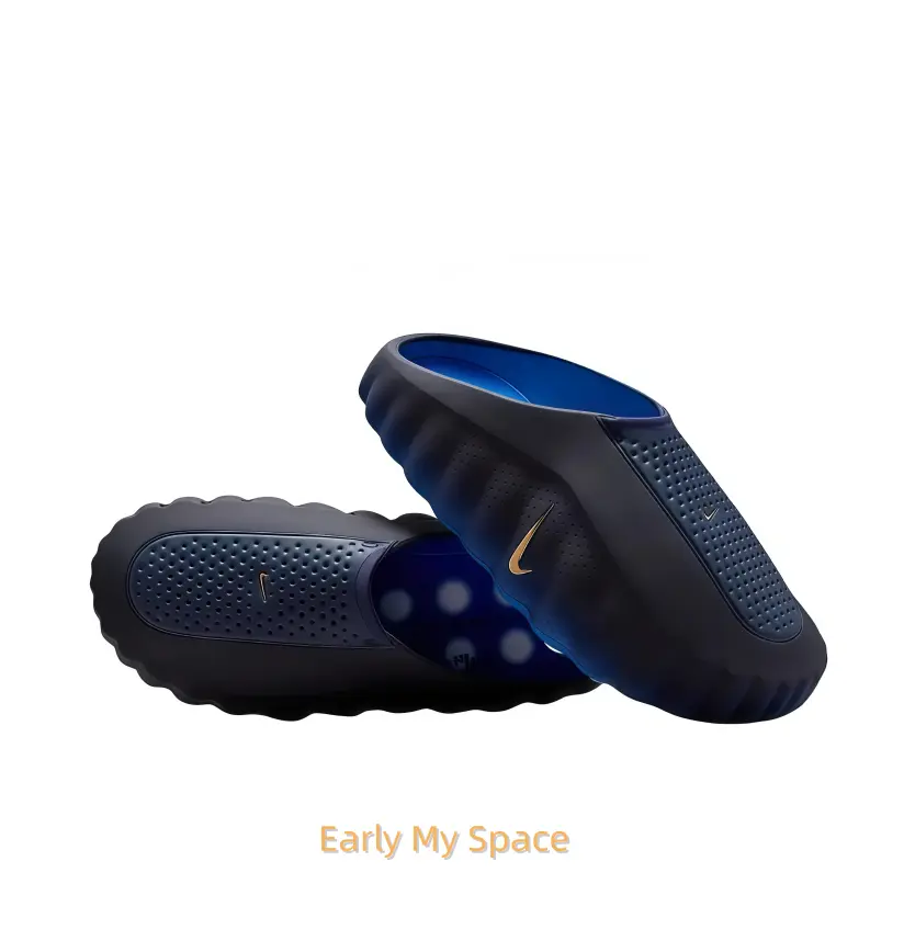 Black-Blue Gradient Mule Slides, Gold Accent, Silver-Grey Cushioning Massage Outsole, Perforated Upper, Futuristic Tech Slides