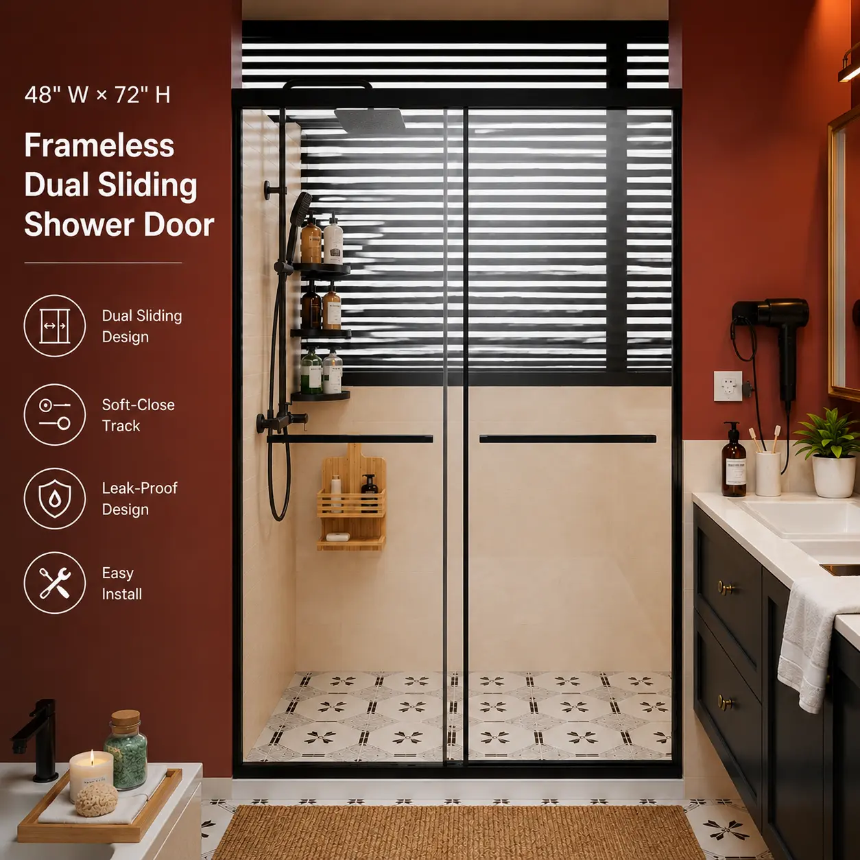 Bathroom 48x72in Frameless Dual Sliding Glass Shower Door, Soft-Close Buffer Track, Adjustable Aluminium Frame, Leak-Proof Bottom Threshold, Easy Install Shower Doors