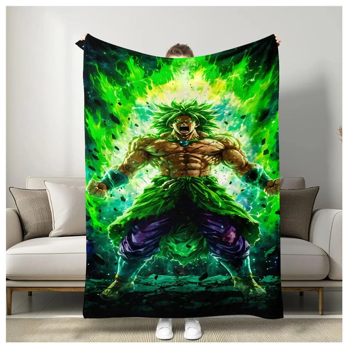Dragon Ball Super Broly Ultra Form Battle Blanket, Dark Starry Sky & Bursting Flame, Muscle Straining Body, Precision Role Reenactment, Custom Image Blanket, Cozy Throw Blanket,warm decorative fuzzy blanket